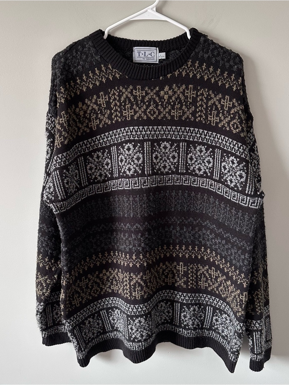 VTG 90s TLC by Lambert Geometric Fair Isle Grandpa Sweater Mens L Black Made USA